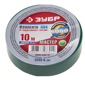 Изолента, ЗУБР Мастер ПВХ, не поддерживающая горение, 6000 В, 15мм х 10м, зеленая